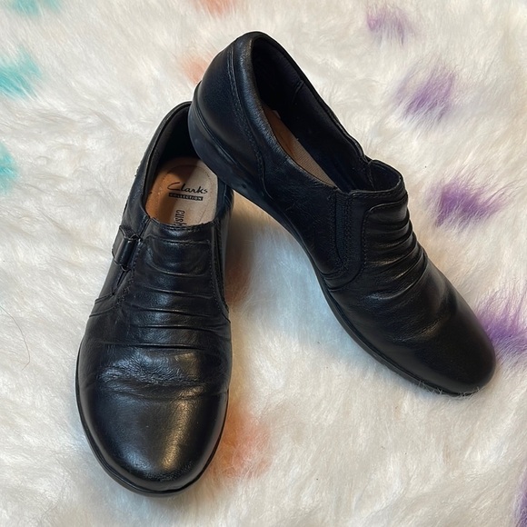 Clarks Shoes - Clarks‎ Collection Woman’s Soft Cushion Black Everlay Coda Leather Wedge Loafers